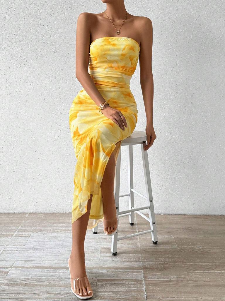 Women's TK Net Floral Printed Dress Summer New High Waist Slim Fit Split Back Cami Bodycon Skirt