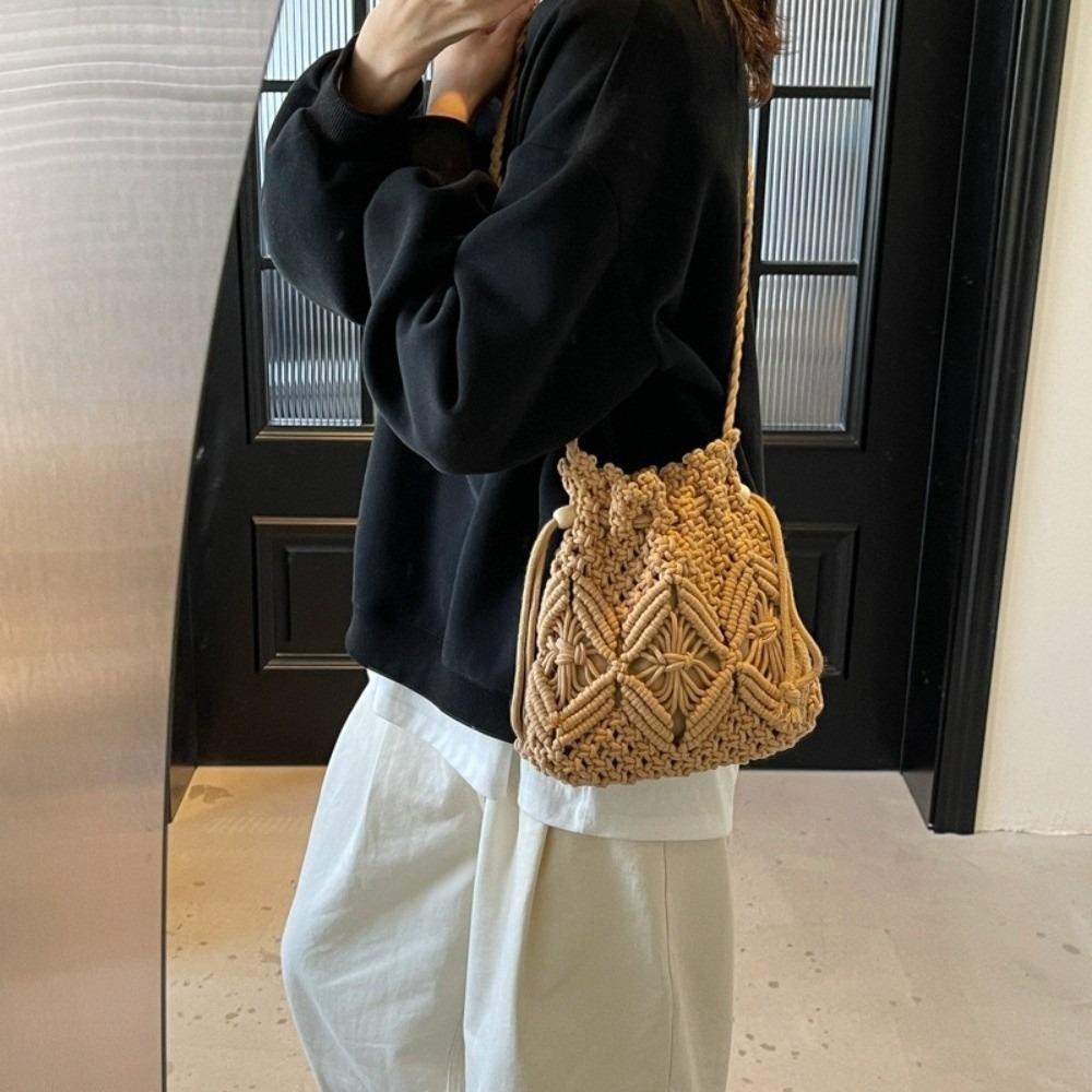Small Fresh Style Bucket Handbag Hollow Out Drawstring Crossbody Bag Woven Beach Bag Casual Use
