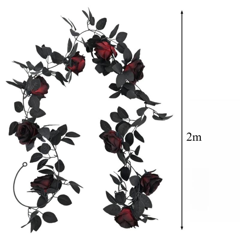3 Stück Halloween Schwarze Rote Rosen Blätter Ranken Seiden-Künstblumen Hoteldekoration Simulation Rosenranke Kunstblume Blatt