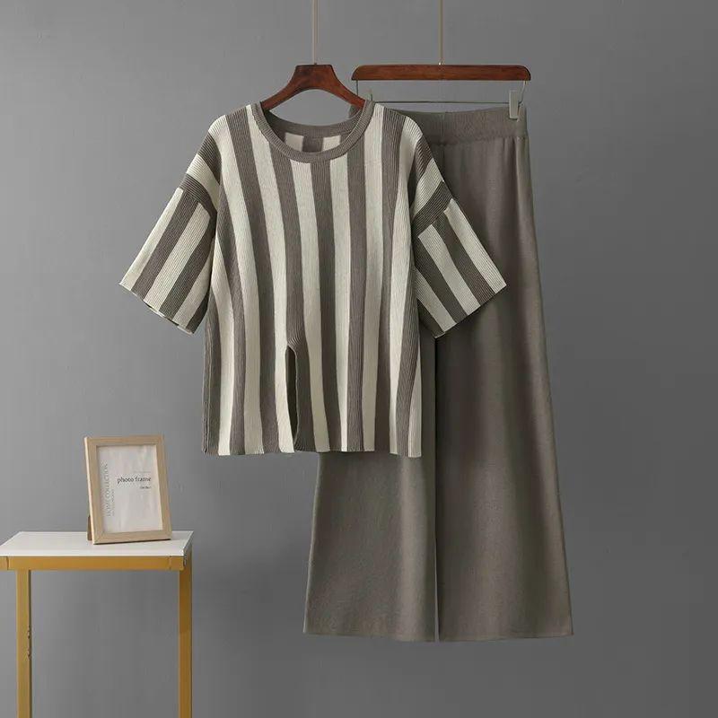 

Cross-Border European and American New Fashion Simple Patchwork Loose Short sleeve Sweater Slimming Wide Leg Pants Knit two piece Women Brown One size