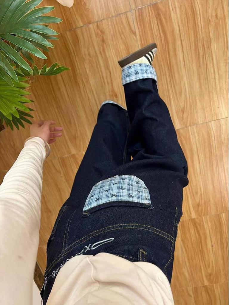 Women's Plus Size Plaid Patchwork Denim Jeans - Embroidered Letter Design, Loose Wide-Leg Cuffed Pants