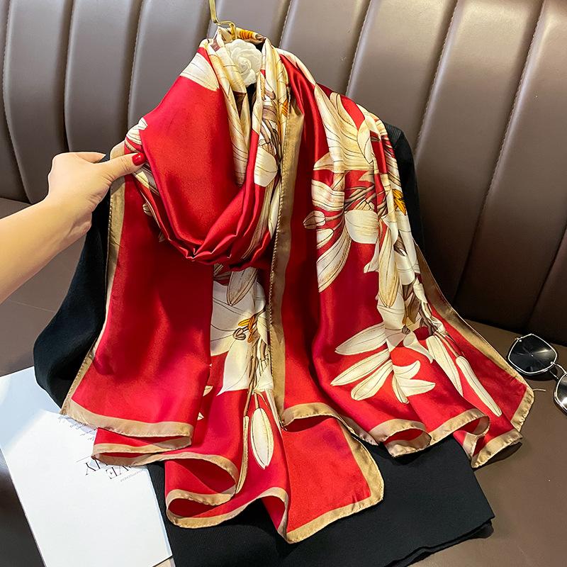 Painting Floral Design 100% Silk Feeling Scarf For Women 180X90Cm Shawl Wraps Luxury Female Hijab Headband Foulard Beach Stoles