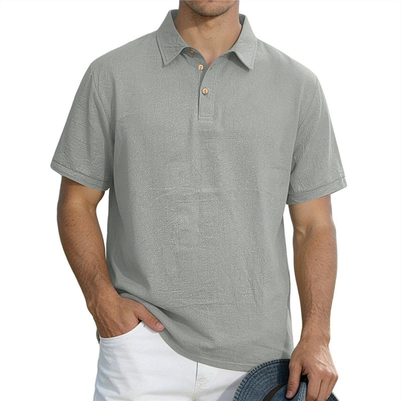 Men's Casual Linen Blend Polo Shirt Short Sleeve Turn Down Collar Button Up Summer Tops