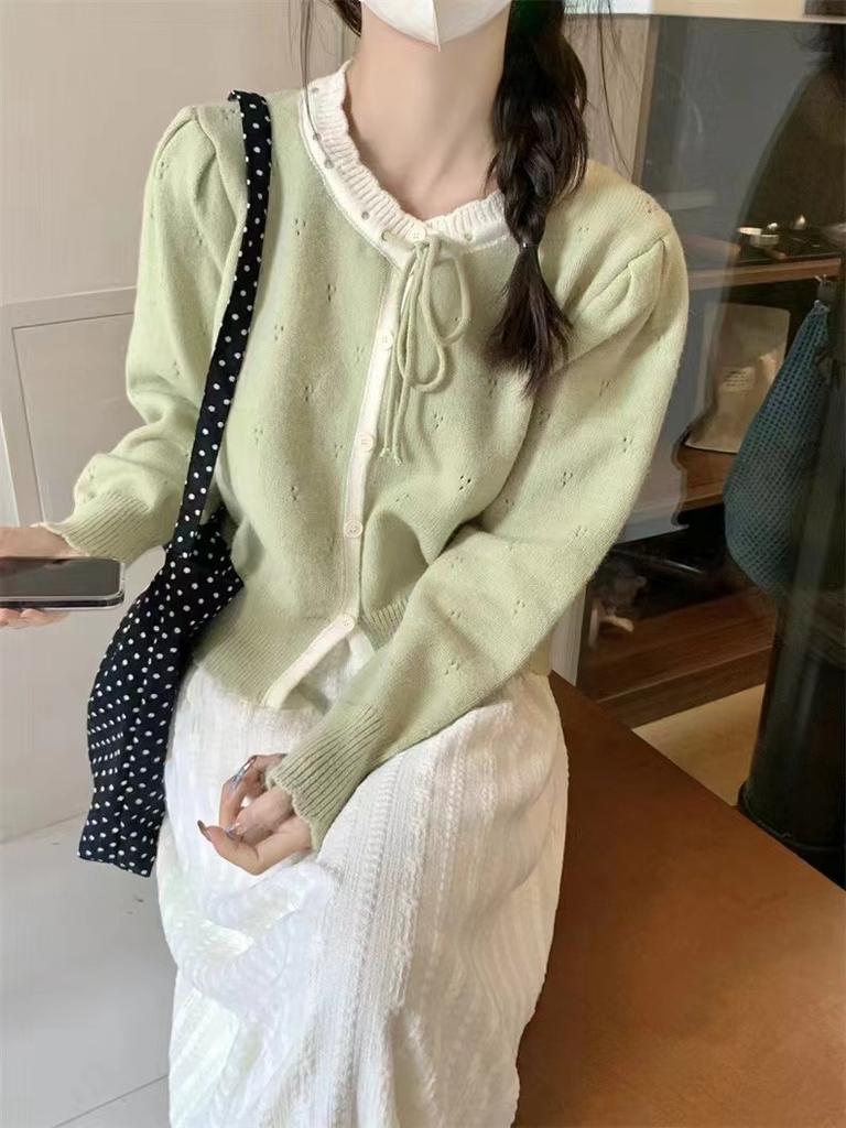 2025 Spring and Autumn Korean New Sweet Knitted Cardigan Gentle Wind Lace-up Bow Color Matching Sweater Jacket Women