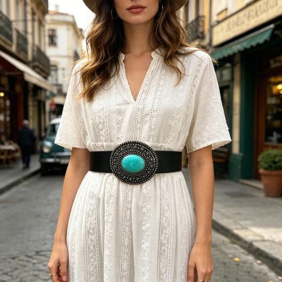 Retro Western Turquoise Belt with Distressed Silver Color Carved Buttons Natural Blue Turquoise Rodeo Style Cowboy Cowgirl Waistband