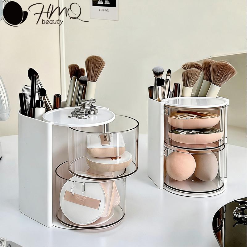 2-in-1 Makeup Brushes Puff Storage Box Multi Layer Rotatable Dustproof Cosmetic Organizer Lipstick Cotton Makeup Tools Storage
