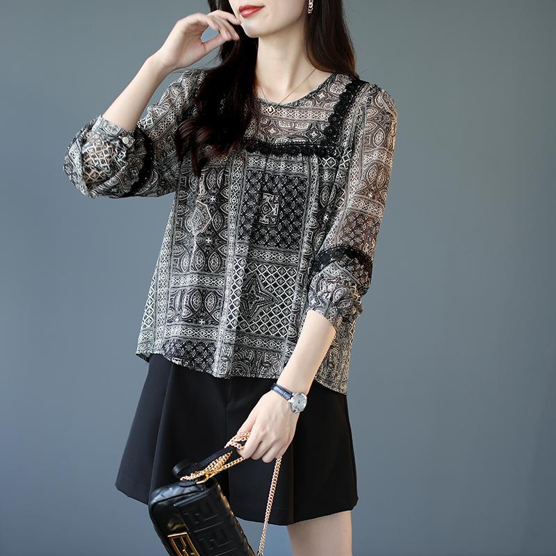Thin Lace Patchwork Printed Chiffon Shirt for Women Long Sleeved Top Loose Spring T-shirt