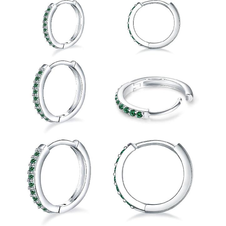 3 Pairs 925 Sterling Silver Small Hoop Earrings for Women Men | Cubic Zirconia, 14K White Gold Plated Huggie Hoop Earrings, Hypoallergenic
