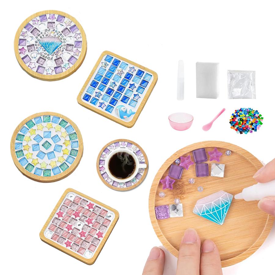 DIY Glass Mosaic Tile Kit - Mixed Colors Wooden Coaster Set for Adults, Craft Supplies for Home Decor & Gift Making