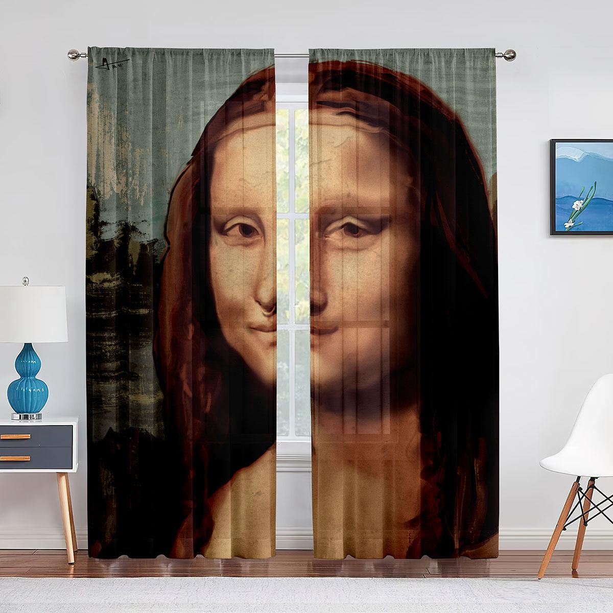 Тюлевая занавеска с изображением Моны Лизы и забавных котят для спальни — фото 8