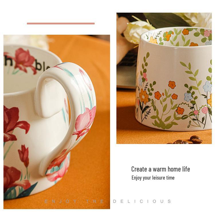 Large Capacity Hand-Painted Cartoon Flower Ceramic Mug - Souvenir Coffee & Water Cup