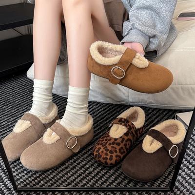 2025 Autumn and Winter New Retro Casual Mary Jane Velvet Belt Buckle Doudou Flat Cotton Scoop Evening Shoes
