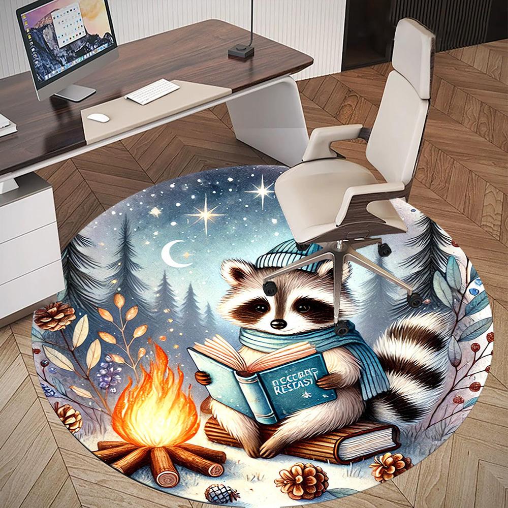 1pc Raccoon, Campfire Round Chair Mat Area Rug - Non-Slip, Floor Mat for Office, Bedroom, and Indoor Decor -1002071