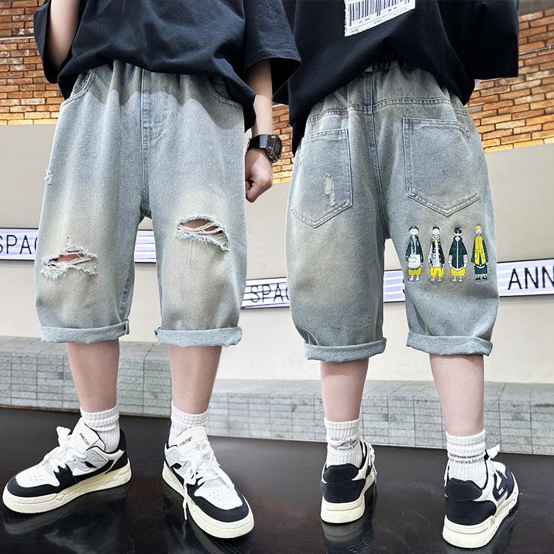 Kids Boys Graffiti Drawing Denim Shorts Elegant Children Casual Ripped Short Jeans Capris Pants