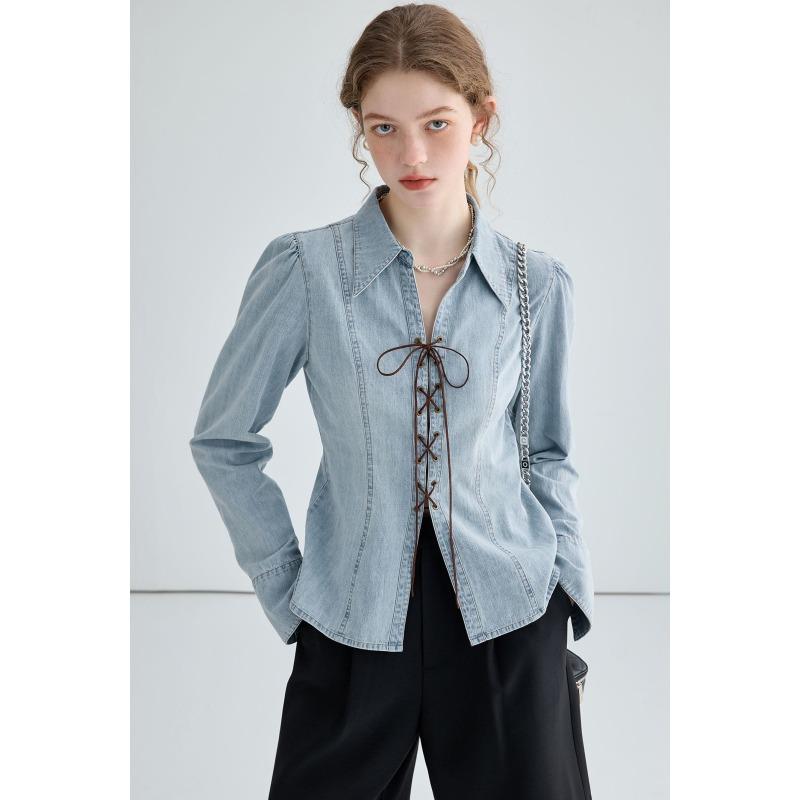 Women's Spring New Design Tie Long Sleeve Split Waisted Denim Shirt Top