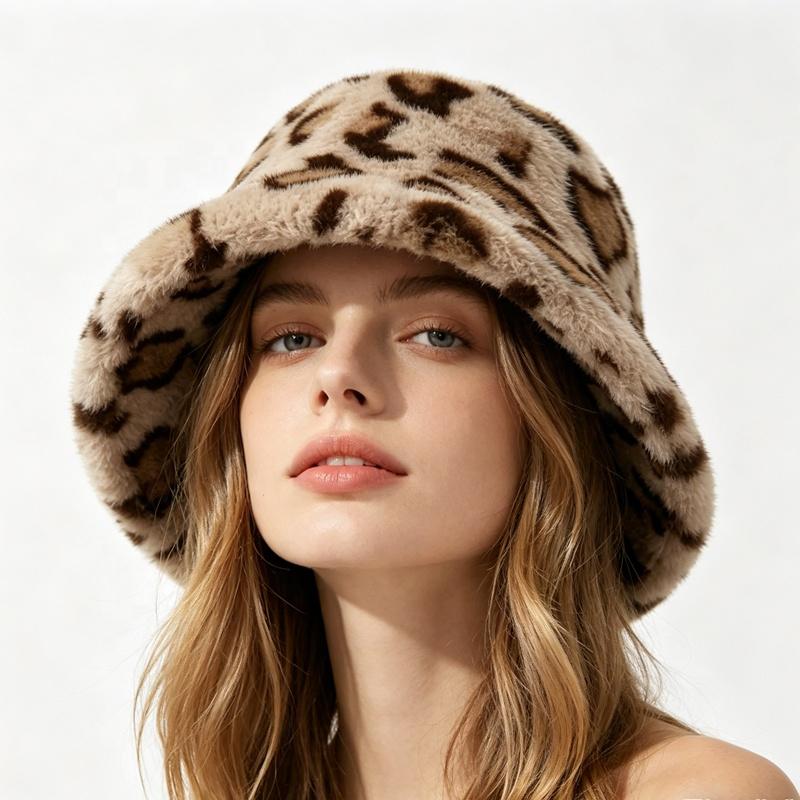 Zeyu New Fashion Leopard Print Cashmere Bucket Hat Women Winter Thick Warm Plush Fisherman Cap Casual Outdoor Party Travel Daily