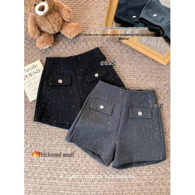 

Women s High-Waist A-Line Sequin Wool Shorts - Winter Wide Leg Petite Bootcut L