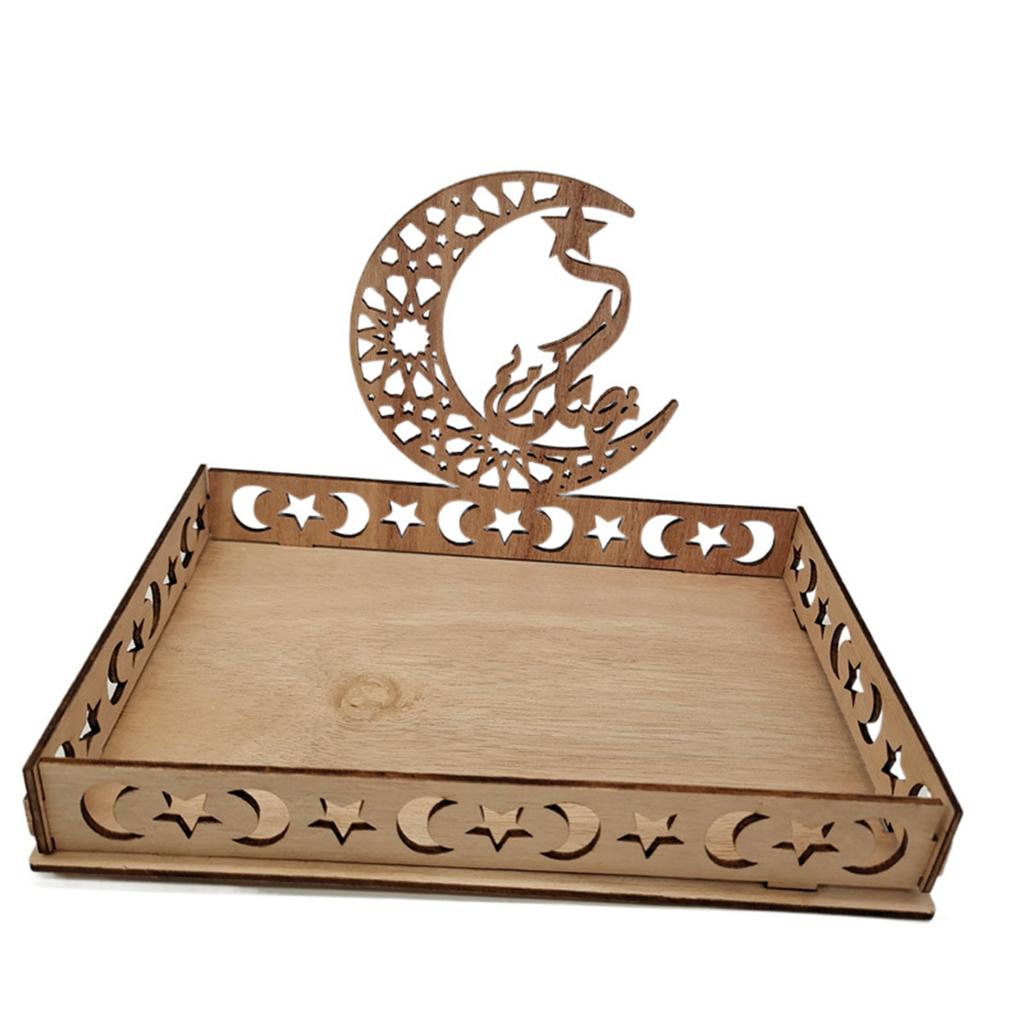 Wooden Eid Mubarak Decorative Tray Ramadan Crescent Moon Star Design Sweet Dessert Serving Platter Ramadan Table Centerpiece