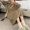 Lange Koreanischen Stil Faul Stil Revers Gestrickte Kleid 2024 Frühling Herbst Neue Design Einfarbig Pullover Basis Kleid