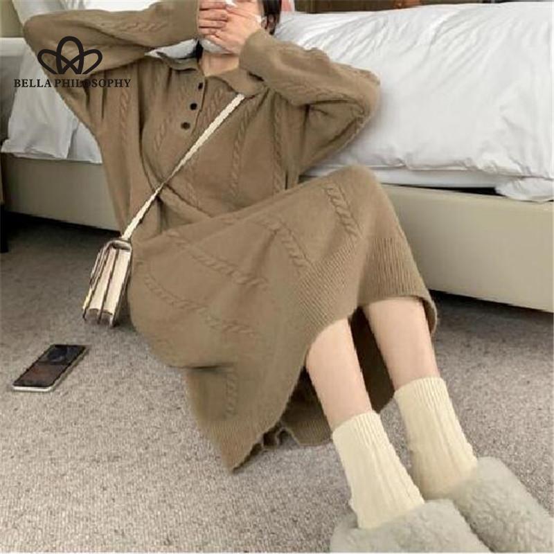 Rochie tricotată cu rever în stil coreean lung în stil leneș 2024, primăvară, toamnă, design nou, pulover, rochie de bază