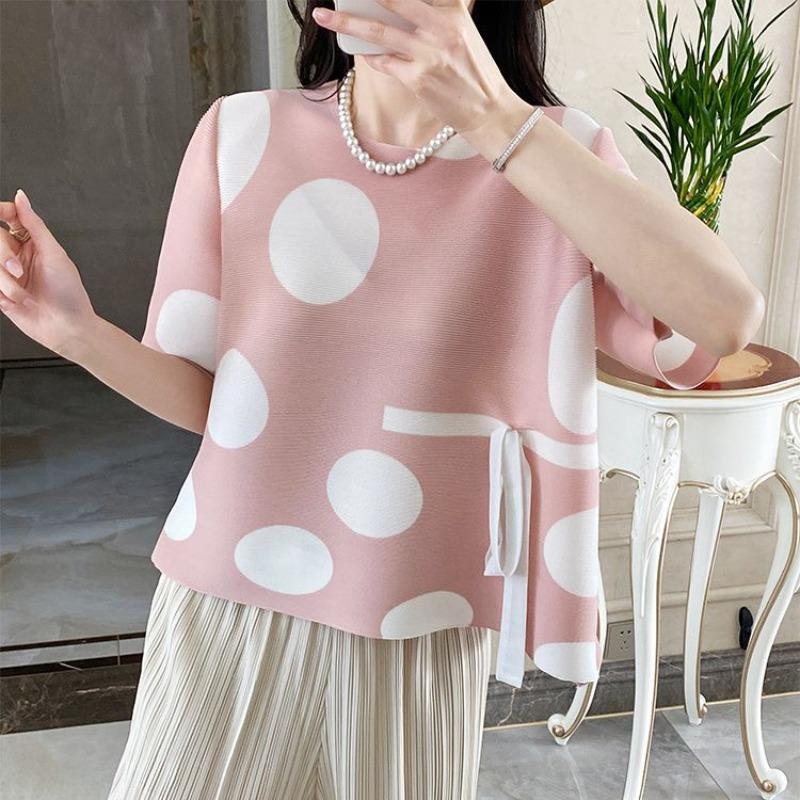 

Wave print pleated top loose Spring Thin Loose Sweater Mid-sleeve Summer Bottoming Shirt XXXL рожевий