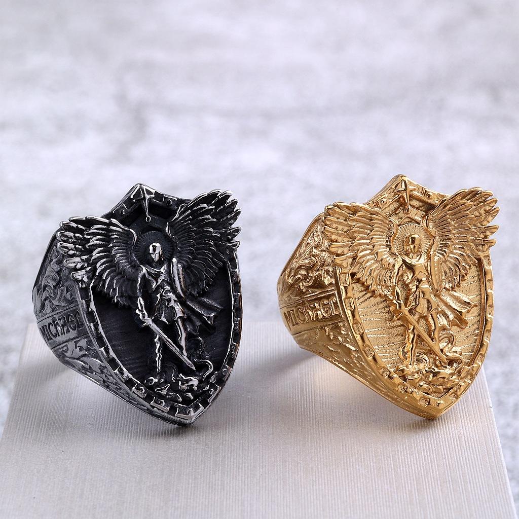 Vintage Stainless Steel Men's Ring Solid Punk St. Michael's Angel Dragon Slayer Ring