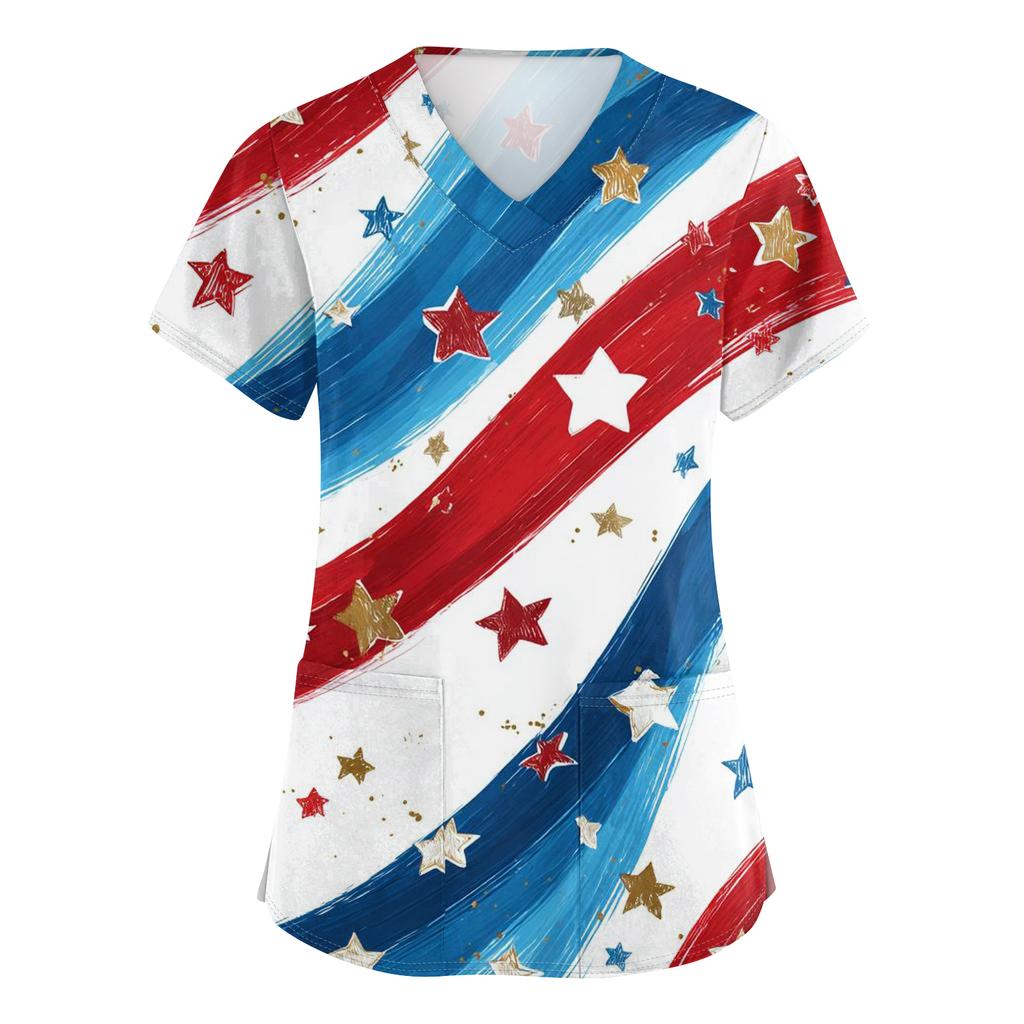 Women's V-neck Independence Day print short-sleeved pocket side-opening protective work shirt