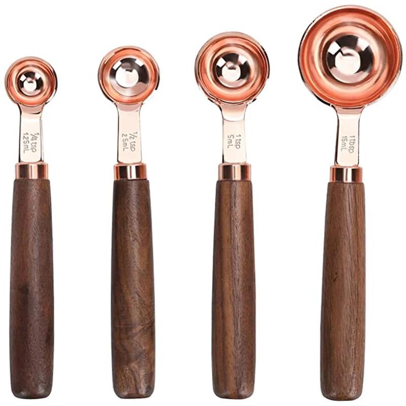 Edelstahl Messlöffel Set mit Walnussholzgriff - Set von 4/8 Kupfer Messbecher für trockene und flüssige Zutaten