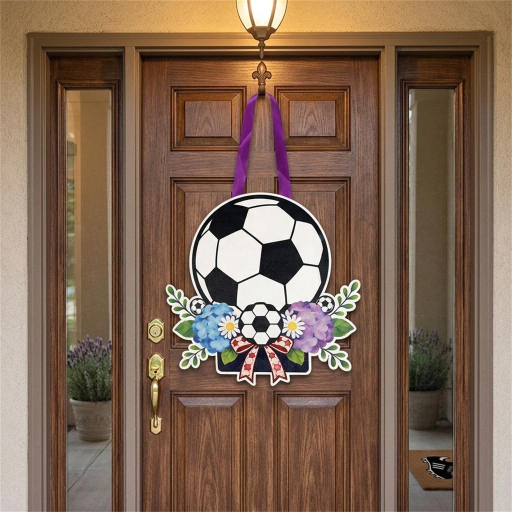 Soccer Ball Themed Decorative Hanging Sign with Floral Accents and Ribbon for Party Celebration Indoor Outdoor Use
