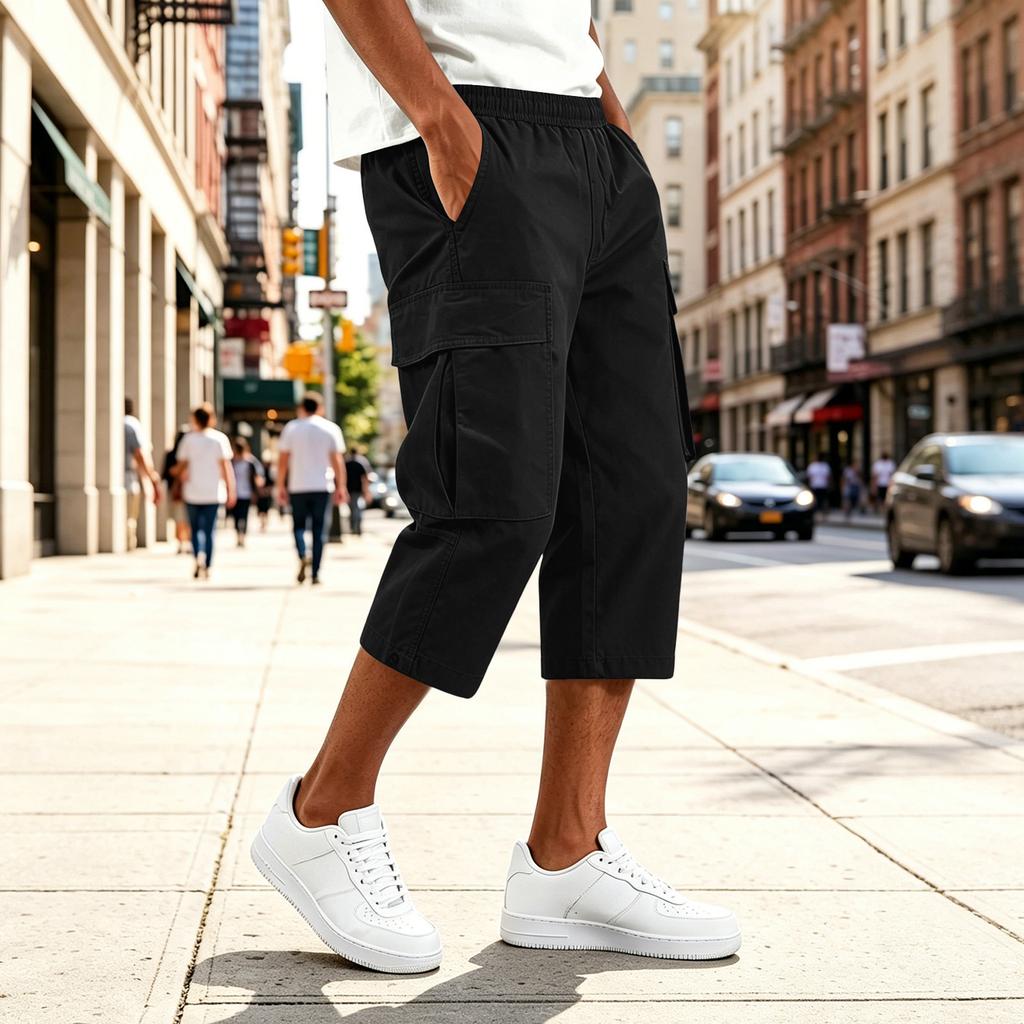 Men Drawstring Waist Multi Pocket Casual Capri Pants Loose Fit Knee Length Cargo Trousers for Outdoor Daily Wear