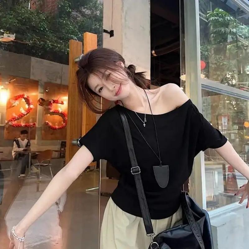 New Black One Shoulder Short Sleeve T-Shirt Women's Summer Pure Desire Loose Chic Top