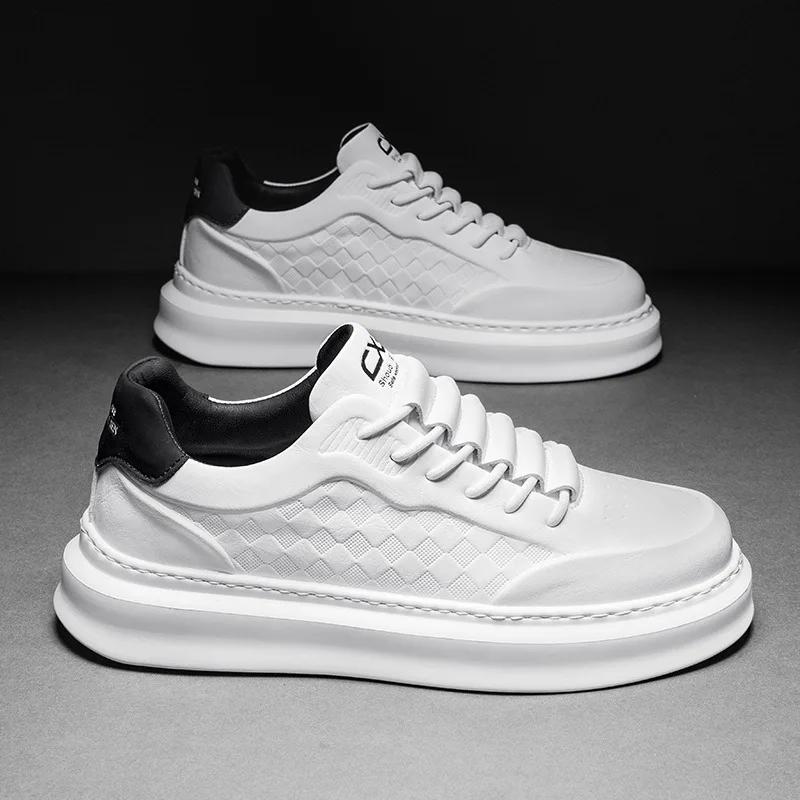 

New Men Leather Casual Shoes Fashion Thick-soled Flat Platform Shoes Young Man Slip-on Sneakers 39 белый