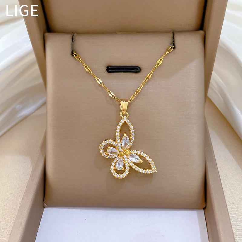 Titanium Steel, Empty Butterfly Zircon Full Diamond Temperament Gorgeous Full Diamond Necklace Female Versatile Collarbone Chain Titanium Steel Chain