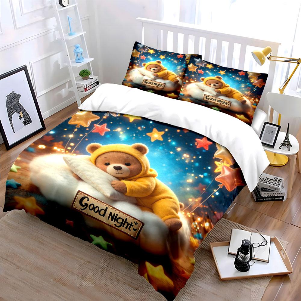 Starry Night Teddy Decoration Set Soft Comfortable Duvet Cover Bedding Set Included 1*Duvet Cover & 2*Pillowcases, Gift