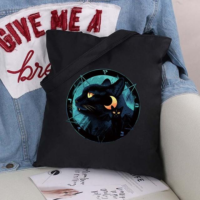 Women Shopping Bags Cute Cartoons Pattern Series Eco Shopper Shoulder Bag Fashion Black Printing Folding Handbag Canvas Tote Bag