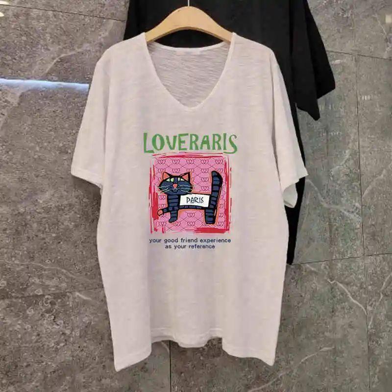 Bamboo Cotton V-neck Short-sleeved T-shirt Women Summer Wide Slightly See-through Versatile Casual Bottoming Printed Tops