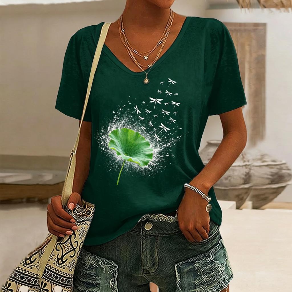 Women's Sunflower Print V-Neck T-Shirt, Casual Short Sleeve Tops,Bright Floral Daily Wear for Spring & Summer