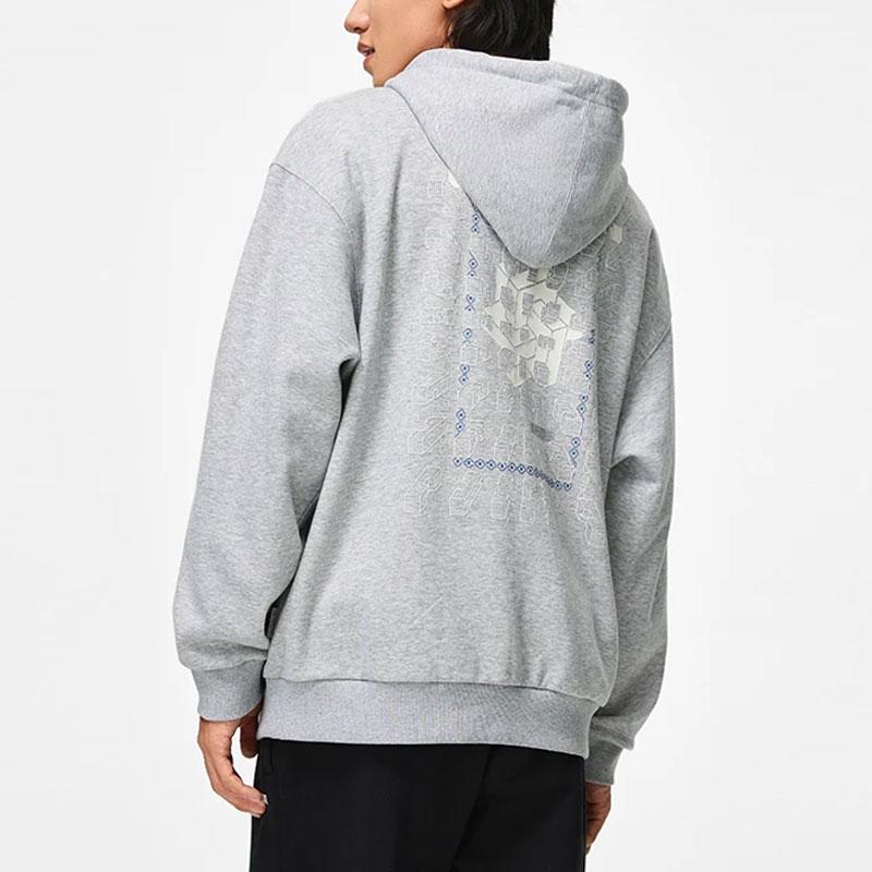 Li Ning Sports Lifestyle Series Chinese Culture Series Pattern Printed Hooded Fleece Loose Pullover Sweatshirt Unisex Sweatshirt Flower-Gray AWDT897-1