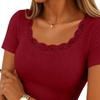 Pure Color Slim Fit Womens Tops Daily Wear Square Collar Lace Splicing Neckline Short Sleeve Pullover Stretchy Ribbed T Shirt