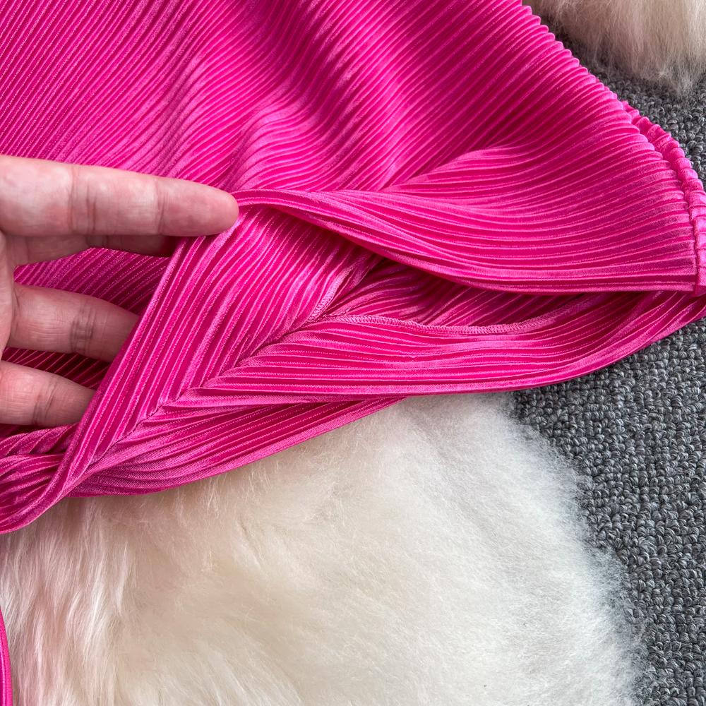 High-end Sexy Temperament Lose Design V-ausschnitt Open-back Taille Fledermaus-ärmel Plissee Kleid Sommer