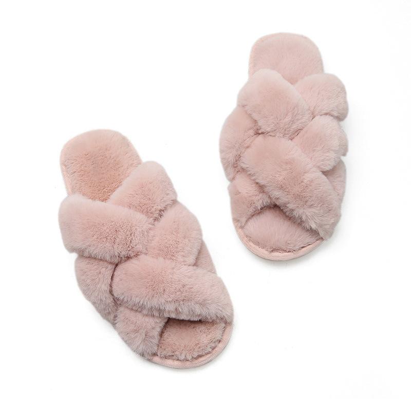 Mesh cross plush slippers, winter plush flat floor mop, exposed toe warm cotton mop