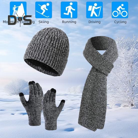 3 Pcs/Set Unisex Winter Beanie Scarf Gloves Set Thick Knitted Warm Cap Touchscreen Gloves Elastic Ear Protection Windproof Winter Outdoor Cycling