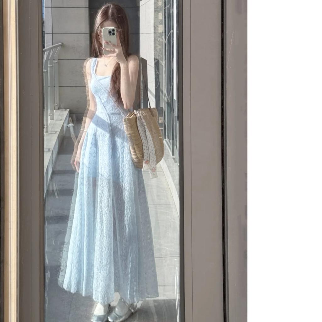 French Gentle Wind Blue Lace Suspender Dress Women's Summer Seaside Vacation Wind Waist Chic Long Dress