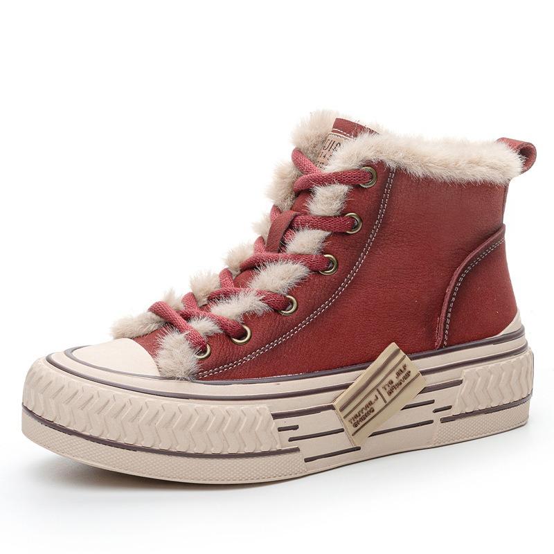 The first layer of cowhide high-top board shoes, winter new warm and velvet versatile casual fashion leather women's boots