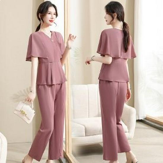 

Elegant Summer Two-Piece Set for Middle-Aged & Elderly Women: Short-Sleeved Top & Casual Wide-Leg Pants in New Chinese Style 3XL