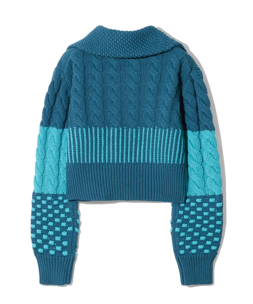 CGP (Women) Crop Patchwork Knit Zip-Up_Blue Green