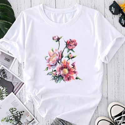(Asian Size) Graphic Tee Female Flower Trend 90s Floral Fashion Print Casual T Clothing Casual Women's Summer Top Short Sleeve T-shirt