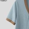 INCERUN Men V Neck Short Sleeve Stitching Casual Loose T-shirts Rib Tops