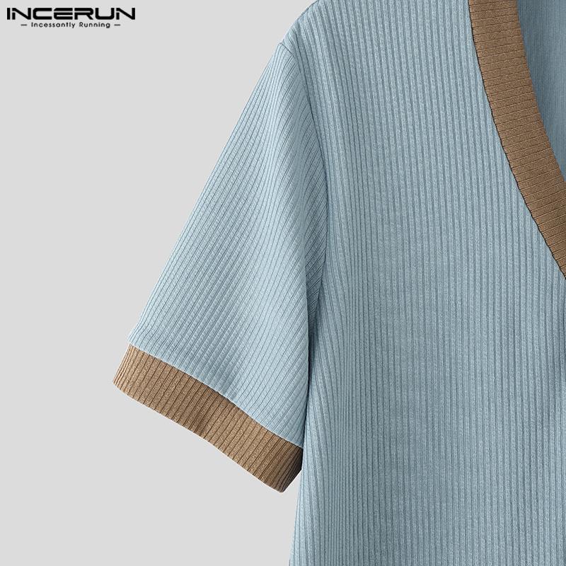 INCERUN Men V Neck Short Sleeve Stitching Casual Loose T-shirts Rib Tops