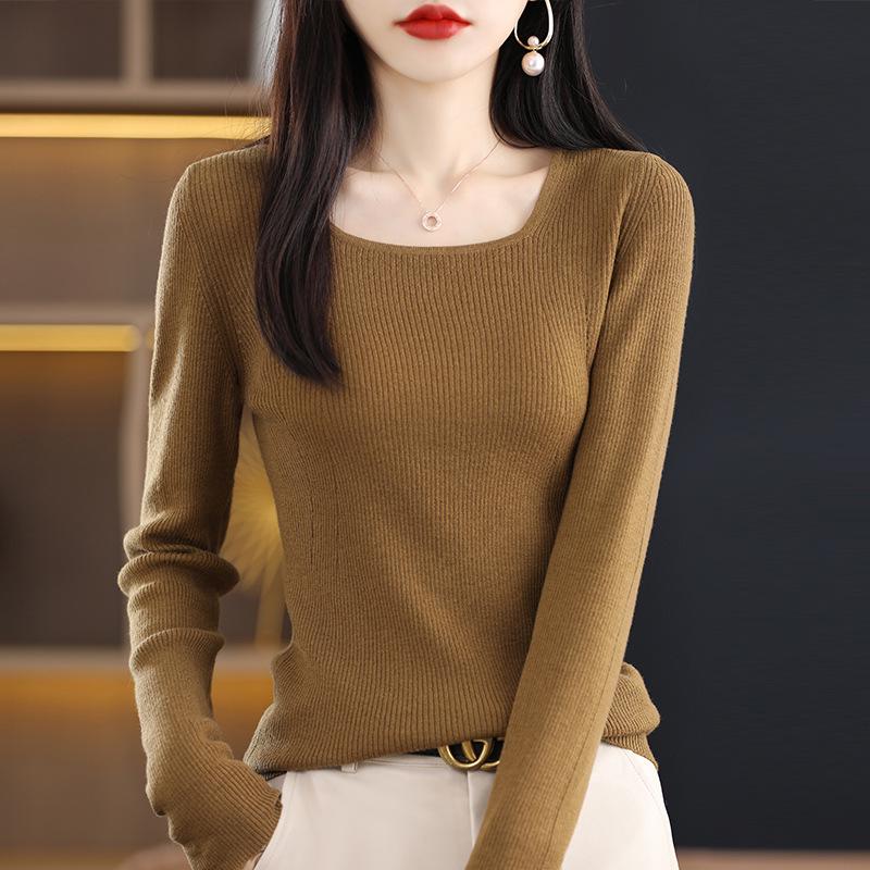 2025 Slim Fit Women's Square Neck 100% Wool Sweater - Thin U-neck Base Layer Top